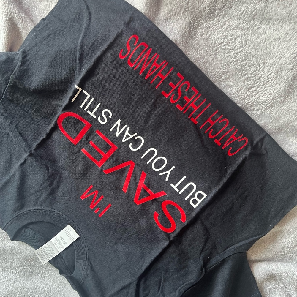 Black Graphic T-Shirt with Red and White Text